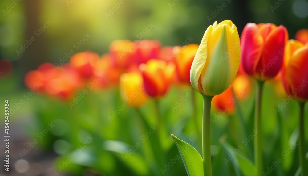 Fototapeta premium Fresh green tulip buds with vibrant colorful flowers in lush spring setting, vibrant, lush, spring