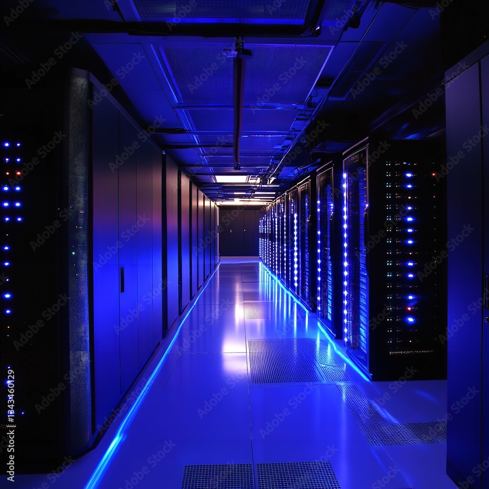 Fototapeta premium A futuristic data center with glowing servers and digital connections, symbolizing cloud computing, cybersecurity, big data, and the power of AI-driven technology in modern networks