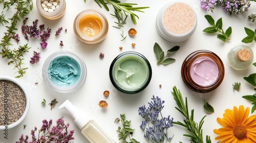 A vibrant tableau of luxurious skincare products, featuring a range of creams, lotions, serums, and masks, arranged artistically on a pristine white background, exuding an aura of natural beauty and