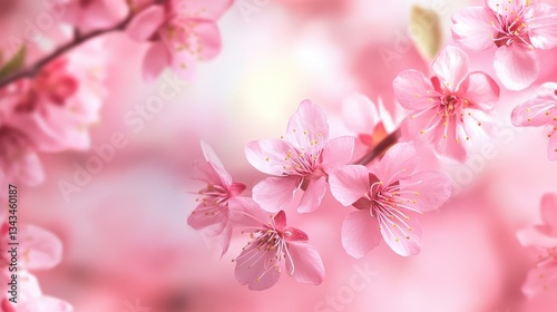 Beautiful pink flowers blossoming on tree branches in springtime sunlight