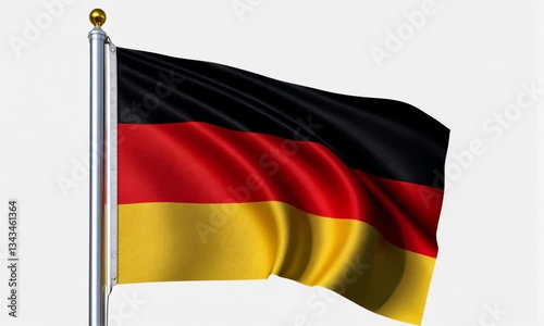 A german flag waving gently in the wind against a plain white background on a metal flagpole outdoors