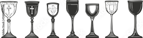 Set of seven vintage decorative wine glasses in black and white