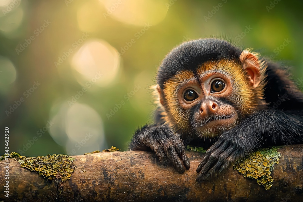 Fototapeta premium Baby monkey is sitting on a branch. The monkey is looking at the camera. The scene is peaceful and calm