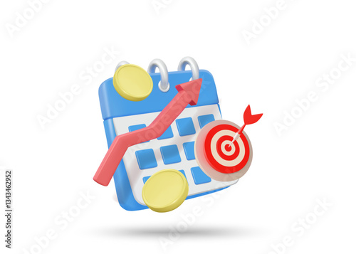 3D illustration vector render icon of calendar, up arrow, coin, and target. Concept of financial planning and achieving financial goals. Growth, success. Isolated on white background.