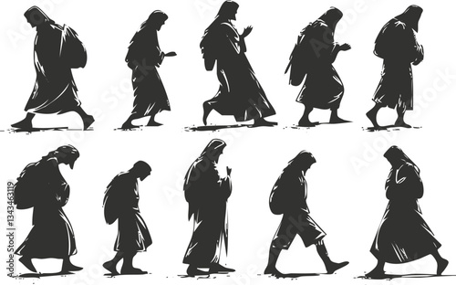 Silhouetted figures walking and praying in various poses