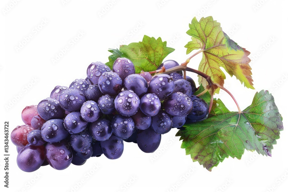 Fototapeta premium Cluster of purple grapes with leaf on white background. AI generated