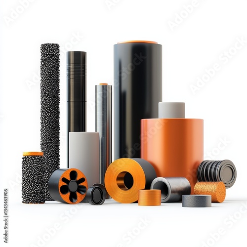 Collection of various cylindrical objects in modern design, featuring black and orange colors, ideal for industrial or engineering themes.