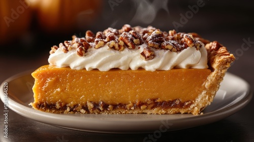 Wallpaper Mural A steaming slice of golden pumpkin pie, topped with whipped cream and sugared pecans, beckoned from the Thanksgiving table, a symbol of autumnal warmth and cozy comfort. Torontodigital.ca