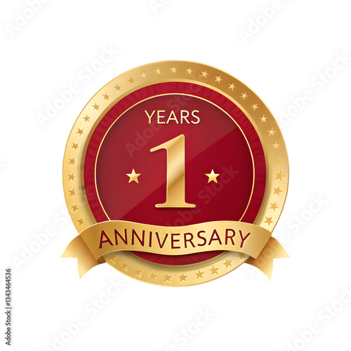 1st anniversary badge design Circle shaped badge with background, elegant, modern and celebratory design, using shiny gold and dark red colors,