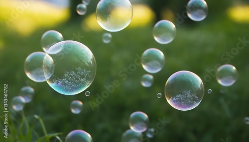 Wallpaper Mural floating transparent soap bubbles over lush green grass in soft natural light Torontodigital.ca