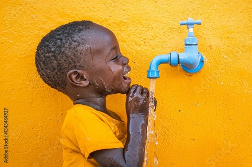 Young Boy Drinking Water From Outdoor Tap on Vibrant Yellow Wall in Sunshine Refreshing Moment