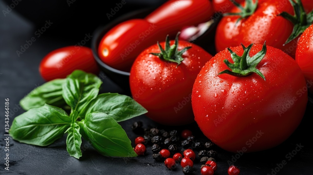 Fresh, vibrant tomatoes and basil Fresh, vibrant tomatoes and basil