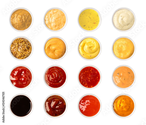 Cuadro en lienzo Set of various sauces in bowls, isolated on white background, top view