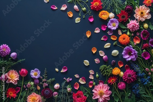 Wallpaper Mural Vibrant Floral Arrangement in Lush Garden Flat Lay on Dark Navy Background with Ample Negative Space for Seasonal Celebrations Torontodigital.ca