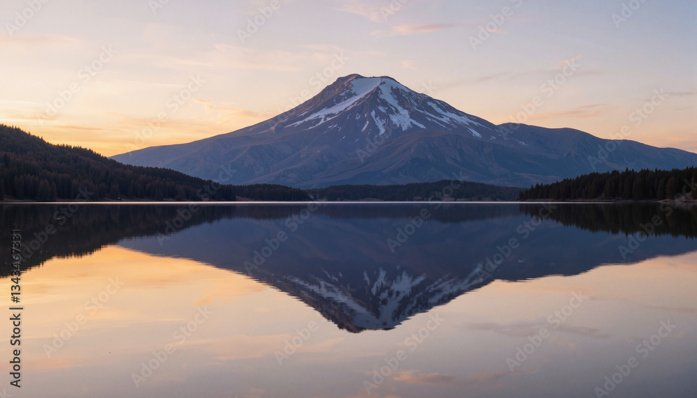 Symmetrical mountain reflection in calm lake at sunrise, natural harmony Symmetrical mountain reflection in calm lake at sunrise, natural harmony