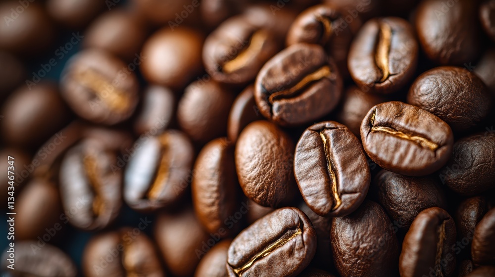 Fototapeta premium A rich, dark backdrop, adorned with the aromatic allure of roasted coffee beans, their dark brown hues hinting at the rich flavor to come.