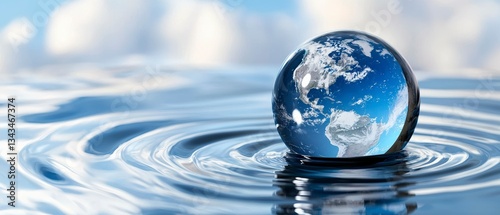 Serene Globe on Water Surface Reflecting a Cloudy Sky Peace Harmony Environment Conservation