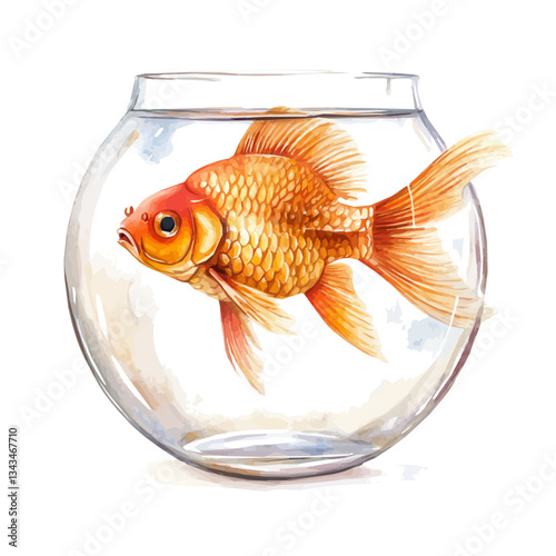 Watercolor Haft sin red Goldfish in a Glassy Water Bowl. Traditional Persian New Year Garlic, isolated on a white background. Nowruz vector design set, vector design