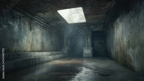 Dark, damp subterranean passageway. Sunlight streams in through a small opening.  Ruined, aged, and mysterious interior
