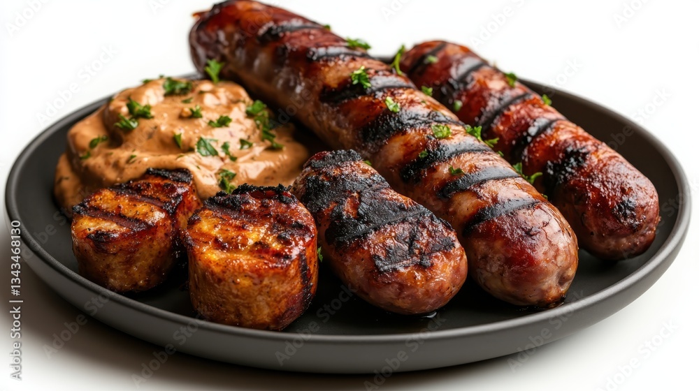 An appetizing plate featuring grilled sausages alongside a creamy sauce and side items, presenting a delicious combination ideal for savory food lovers and gatherings. An appetizing plate featuring grilled sausages alongside a creamy sauce and side items, presenting a delicious combination ideal for savory food lovers and gatherings.