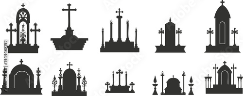 Black silhouettes of gothic cemetery monuments and tombstones