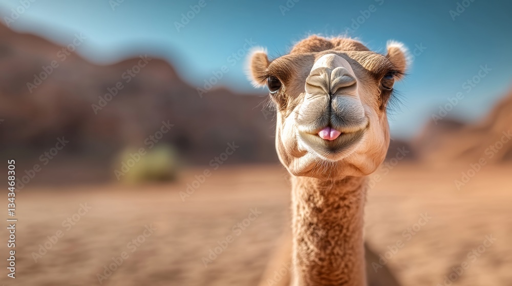 Obraz premium Camel is standing in the desert with its tongue out. Concept of humor and playfulness, as the camel appears to be making a silly face and sticking its tongue out