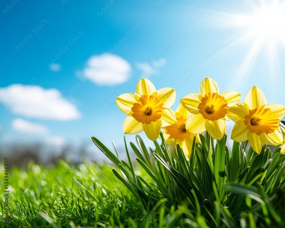 Fototapeta premium Yellow Daffodils in Full Bloom, Bathed in Spring Sunlight, Blue Sky, and Lush Green Grass Background