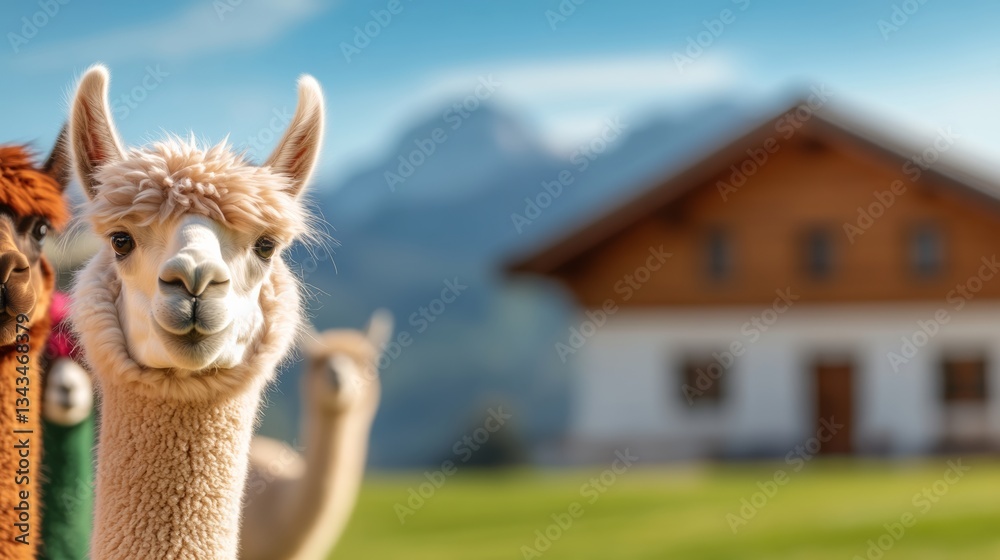 Obraz premium White llama is standing in front of a house with a blue and green stuffed animal behind it