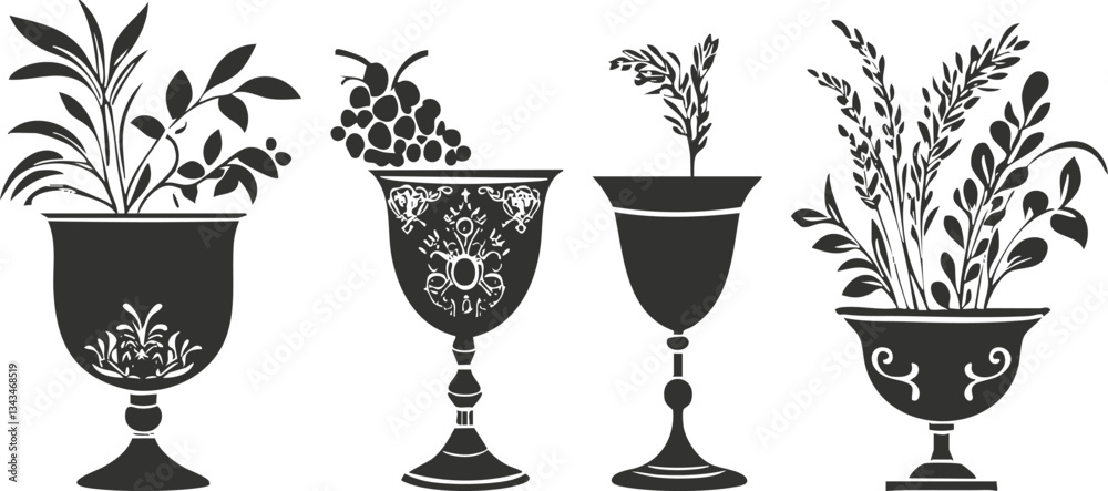 Fototapeta premium Stylized ornate vases with elegant botanical designs on white background