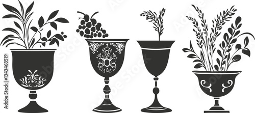 Stylized ornate vases with elegant botanical designs on white background