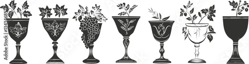 Vintage goblets with floral and botanical designs in black and white