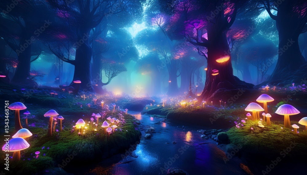 Fototapeta premium Enchanted Forest with Bioluminescent Trees and Glowing Mushrooms