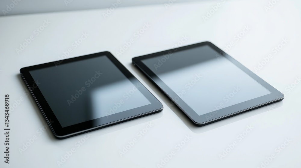 Two Sleek Black Tablets with Reflective Surfaces on a Light Background Two Sleek Black Tablets with Reflective Surfaces on a Light Background