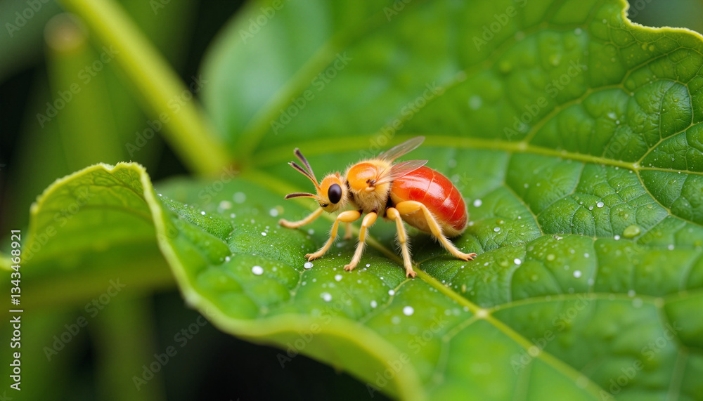 Naklejka premium Colorful insect on green leaf in macro view, nature's detail