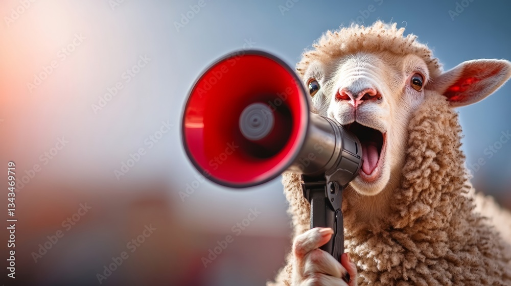 Fototapeta premium Sheep is holding a microphone and making a loud noise. The sheep is wearing a red microphone and he is excited or happy