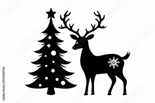 reindeer christmas tree line art silhouette vector illustration