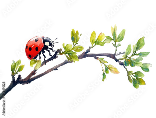 Bright ladybug explores green branch in a sunlit environment on Transparent Background