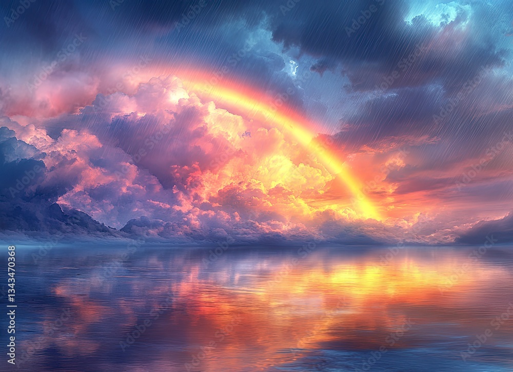 Rainbow and Rain Over Calm Water Reflecting Colorful Cloudy Sky Rainbow and Rain Over Calm Water Reflecting Colorful Cloudy Sky