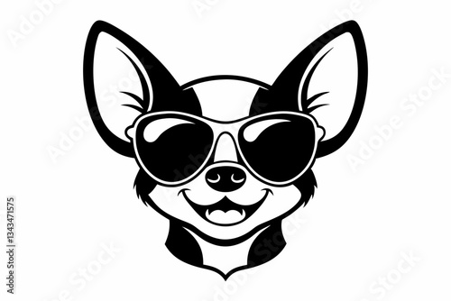 smile chihuahua head with sunglasses line art silhouette vector illustration