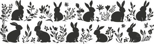 Silhouette rabbits with floral elements in black and white design