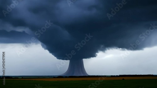 Dramatic tornado formation over rural landscape captured in high definition. Extreme weather
climate crisis theme
