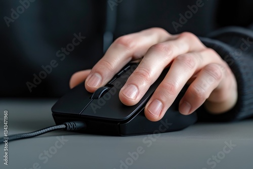 Human hand is holding and using a black computer mouse