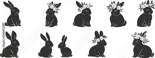 Silhouette rabbits with floral headbands in various poses on white background