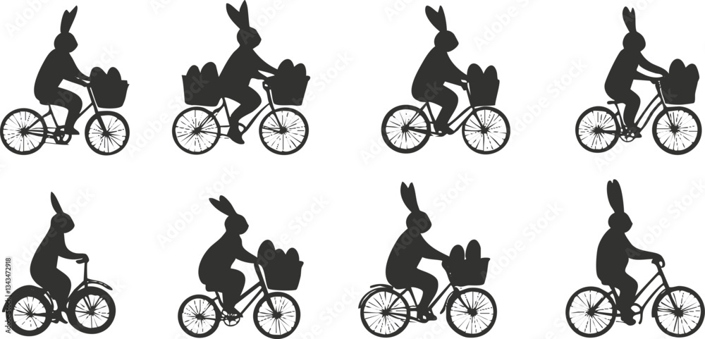 Naklejka premium Silhouettes of rabbit figures riding bicycles with baskets