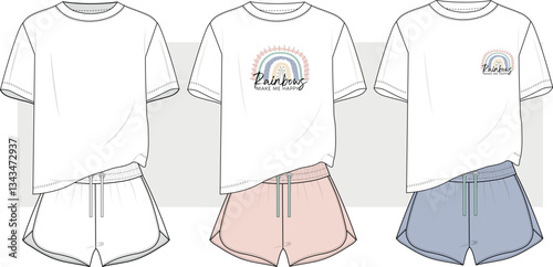 women and girl crop top t shirt and short set vector, home wear, pajama, sport wear illustration fashion design with rainbow print. Lounge Wear Set Fashion Flat Templates, cad, mockup.
