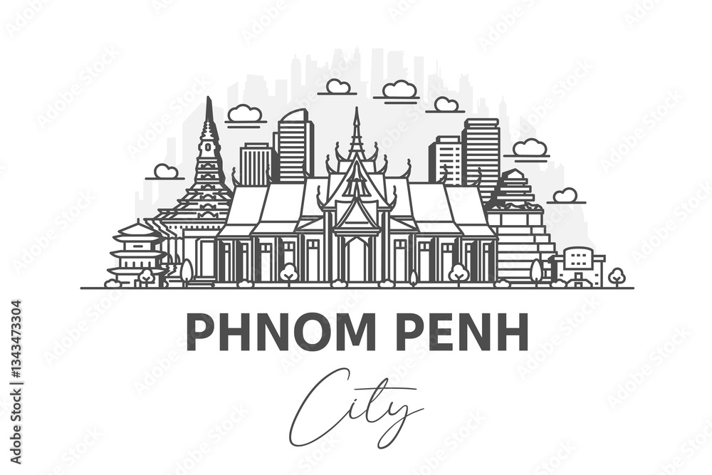 Fototapeta premium Phnom Penh, Cambodia architecture line skyline illustration with shadows. Linear vector cityscape with famous landmarks, city sights, design icons.