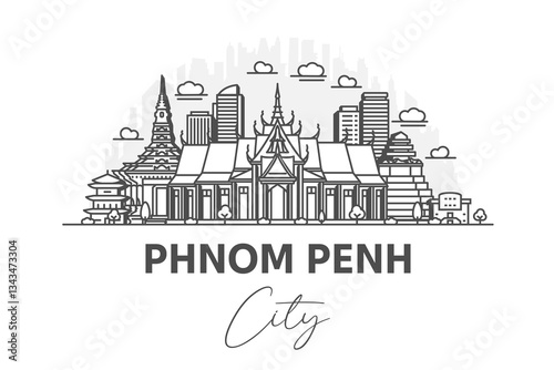 Phnom Penh, Cambodia architecture line skyline illustration with shadows. Linear vector cityscape with famous landmarks, city sights, design icons.