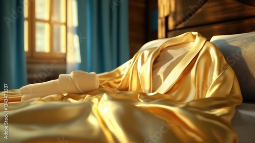 A cozy bedroom scene featuring a bed with a yellow sheet and a window