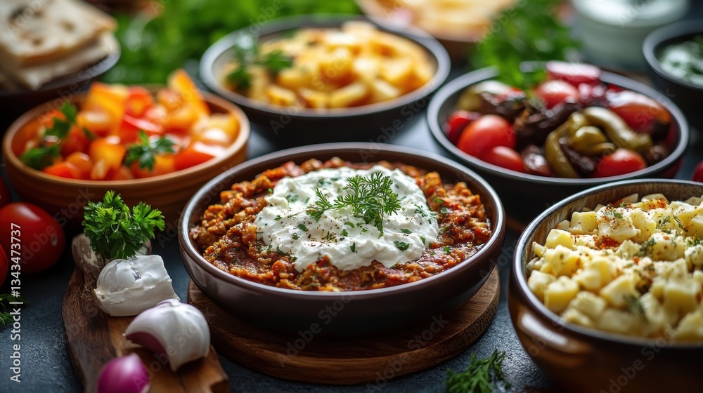 A vibrant tapestry of Greek delicacies, from the tangy tzatziki to the savory moussaka, showcasing the Mediterranean is healthy and flavourful cuisine. A vibrant tapestry of Greek delicacies, from the tangy tzatziki to the savory moussaka, showcasing the Mediterranean is healthy and flavourful cuisine.