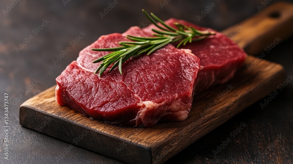 An enticing image depicting premium raw beef cuts beautifully arranged on a wooden serving board, complemented by fresh rosemary, perfect for showcasing culinary artistry. An enticing image depicting premium raw beef cuts beautifully arranged on a wooden serving board, complemented by fresh rosemary, perfect for showcasing culinary artistry.